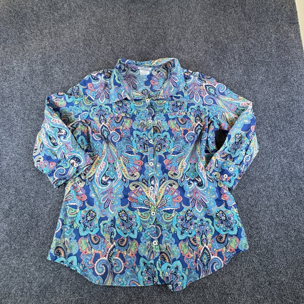 Van Heusen Shirt Womens XL Multicolor Paisley Cotton 3/4 Sleeve Button Front
